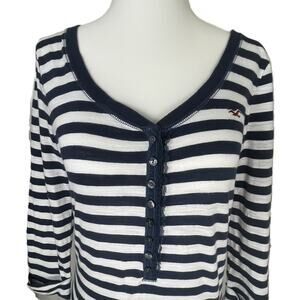 Hollister Striped Y2K Henley Shirt M Navy Cream 3/4 Sleeve ALT ASO Bella Swan